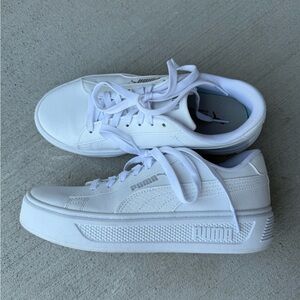 Puma Smash V3 Platform All-White Leather Sneakers- size 8